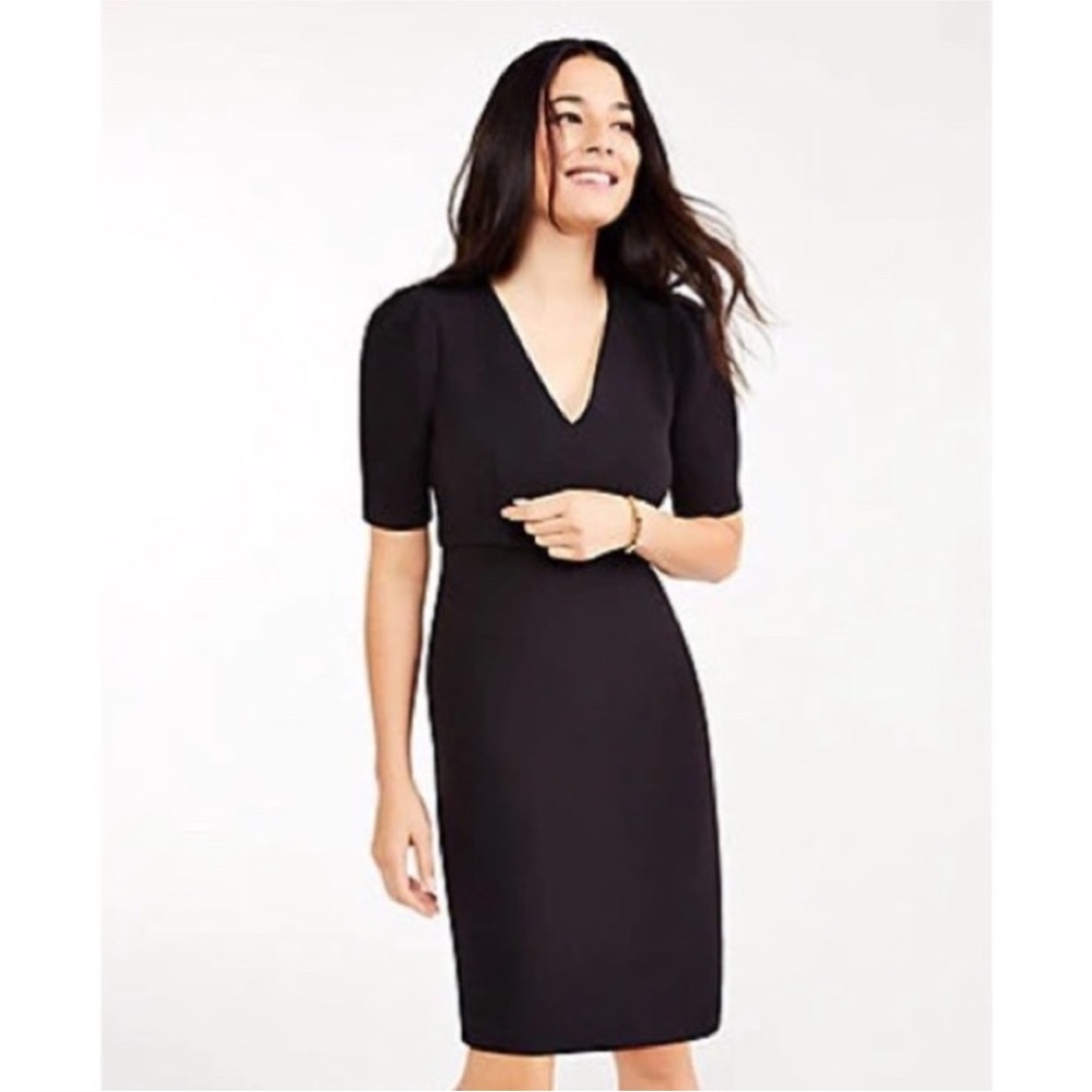 Ann Taylor Black Midi Sheath Dress with V-Neck and Puff Sleeves - Picture 2 of 12